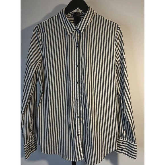 Worthington Button Up Collared Cuffed Long Sleeve Shirt Grey Black White Striped - Picture 10 of 16